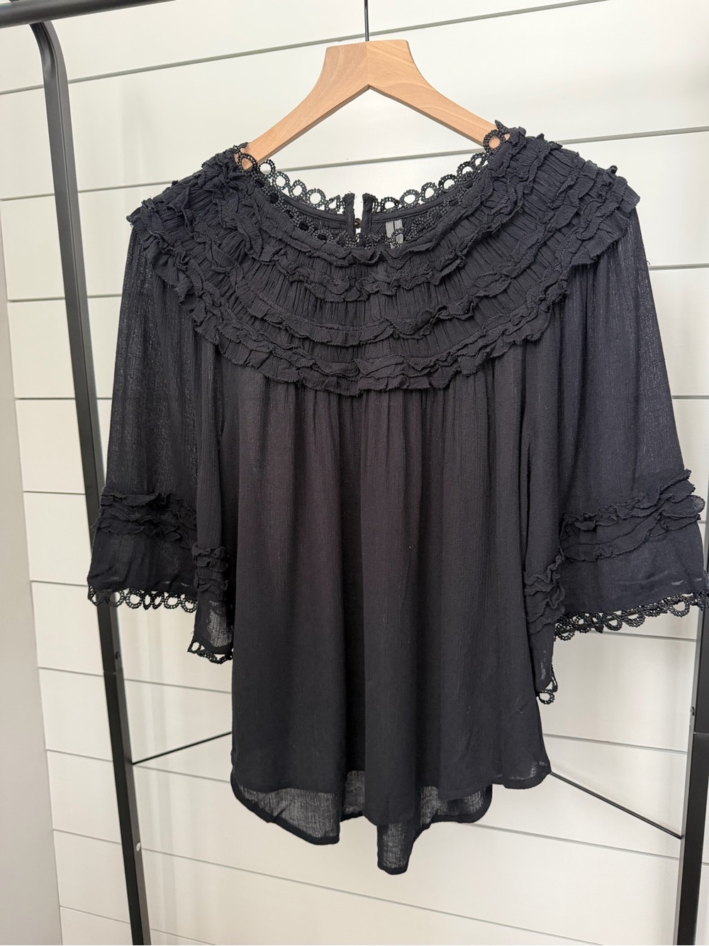 Anthropologie Black Ruffled Lace-Yoke Blouse - Picture 6 of 9